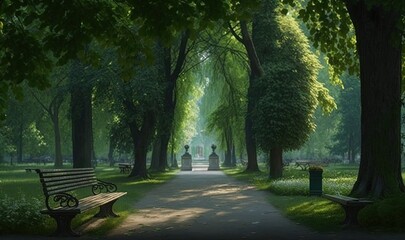  a park with a bench and a person walking down the path.  generative ai