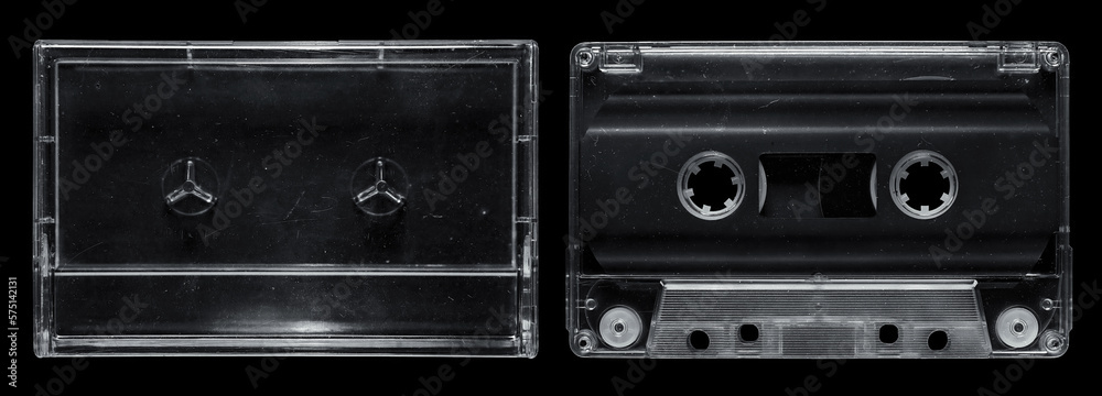 Wall mural clear cassette tape and cassette case set on isolated black background