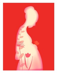 pregnant woman illustration on red background, silhouette ow woman with belly 