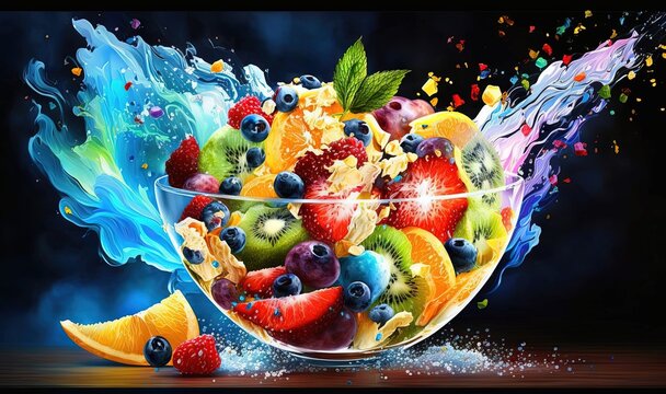  a painting of a fruit salad in a glass bowl with a splash of water.  generative ai