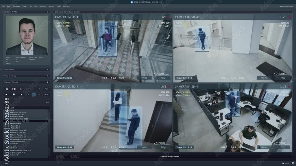 Wall mural playback cctv cameras in coworking office on computer screen. interface of ai futuristic program wit