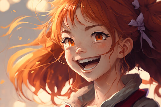 Cute smiling anime girl. AI generated image, not based on any real person.
