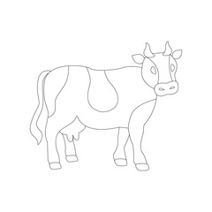 Vector drawn spotted standing cow on a light background. Educational card with domestic farm animal. Coloring for children.