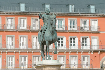 Madrid, Spain. April 4, 2022: Architecture and monuments in Plaza Mayor.