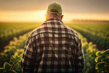 Farmer wearing a plaid shirt on plantation field. Generative AI