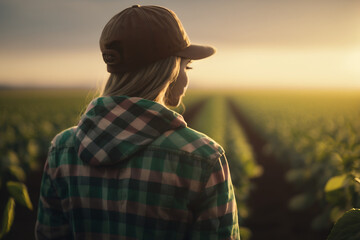 Farmer woman wearing a plaid shirt on beauty field. Generative AI