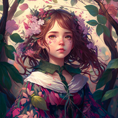girl in a forest, realistic style. ia generativa