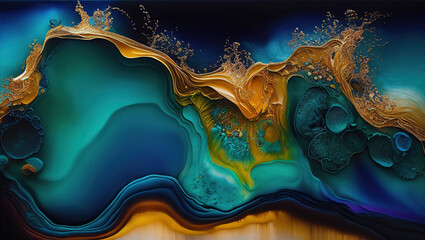 A colorful abstract painting with a blue background and gold paint.