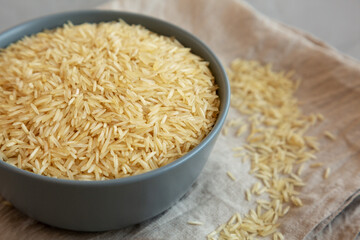Dry Organic Indian Basmati Rice in a Bowl on a gray background, low angle view. Close-up.