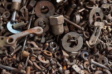 Lots of nut, nails, screws and bolts, grunge flat lay background