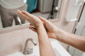 Hygiene. Proper hand washing with soap, gel and water. Washing hands process to clean and remove bacteria.