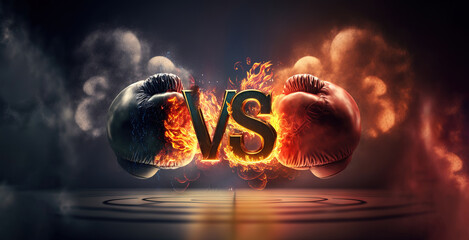wide poster of hot fighting boxing gloves with the VS letters for versus in the middle - Generative AI - obrazy, fototapety, plakaty