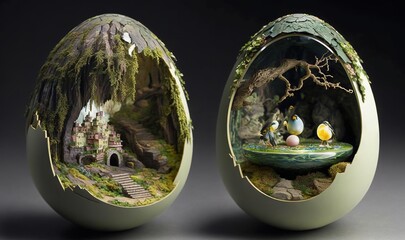  an egg with a scene of a castle inside of it.  generative ai