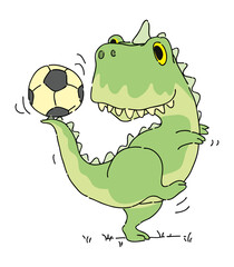 Cute smiling dinosaur playing with soccer ball 