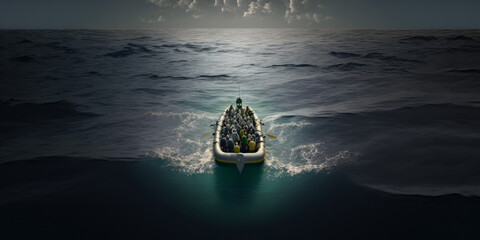 Migrants and refugees take a dangerous journey in a boat on the ocean. Generative ai - obrazy, fototapety, plakaty