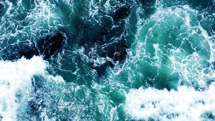 Aerial view of the sea storm waves. Beautiful ocean wallpaper for tourism and advertising. Asian landscape, photo from the drone