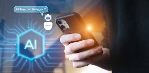 ChatGPT Chat concept AI, Artificial Intelligence. Young man using technology smart robot AI, enter...