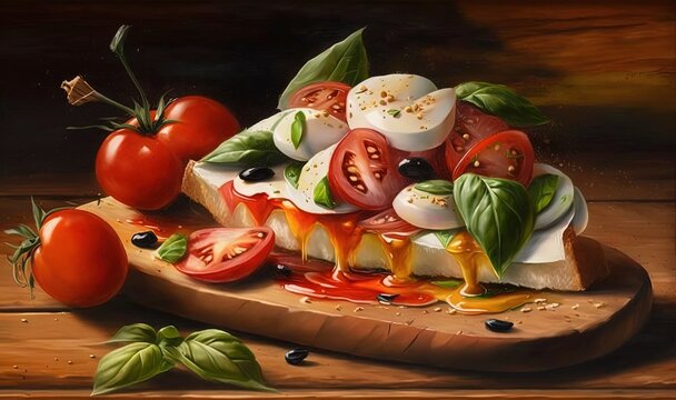  a painting of tomatoes, mozzarella, cheese and basil on a cutting board.  generative ai