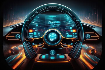 Cockpit and steering wheel of futuristic autonomous car. Generative AI. - obrazy, fototapety, plakaty