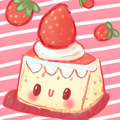 Cheesecake with whipped cream, strawberry cake slice illustration, Yummy dessert Icon, Cute kawaii illustration, Japanese style, minimalist drawing of a cake, food, pastries, cute kawaii illustration