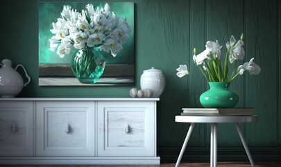  a vase of flowers sitting on a table next to a dresser.  generative ai