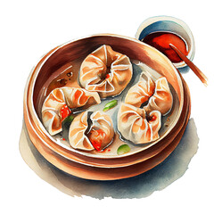 dumplings, food plate with chopsticks, watercolour