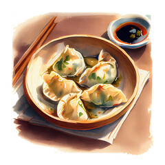 Chinese steamed dumplings with sauce, watercolour food