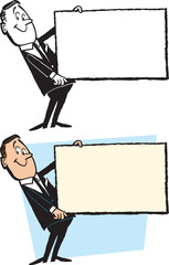 A vintage retro cartoon of a businessman holding a blank sign. 