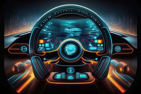 Cockpit and steering wheel of futuristic autonomous car. Generative AI.