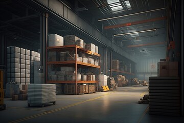 Interior of logistic center's warehouse. Generative AI.