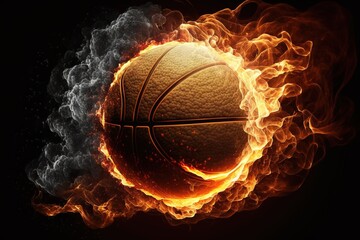 Glowing Basketball Ball Burning on Fire in Orange Flames. Generative AI.