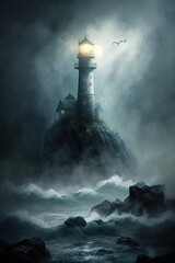 Fototapeta na wymiar Lighthouse landscape with mist. Generative AI.