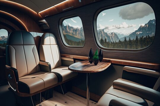 Interior of luxurious private jet with leather seats. Generative AI.