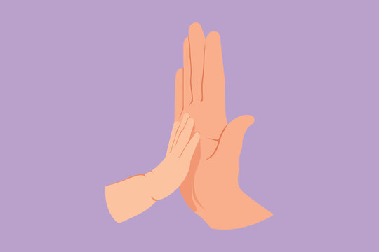 Cartoon flat style drawing father and child making hi five gesture. Little baby have bonding with his father. Hero father and family pride. Happy dad with newborn. Graphic design vector illustration