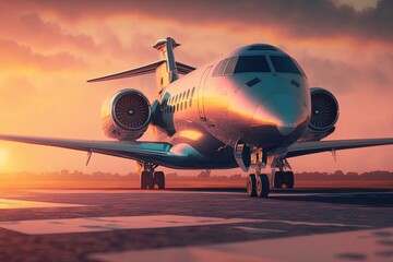 Private jet landing on airport field during sunset. Generative AI.