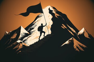 Reaching your goals concept, mountain climber with flag on top of mountain. Generative AI.