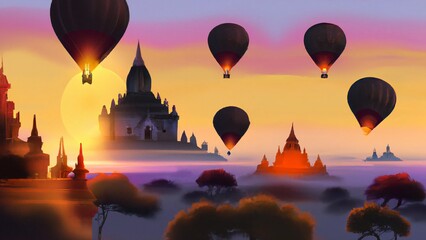 Bagan hot Air Ballons and Temples, Bagan at Sunset Artwork (Generative AI) - obrazy, fototapety, plakaty