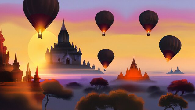 Bagan hot Air Ballons and Temples, Bagan at Sunset Artwork (Generative AI)