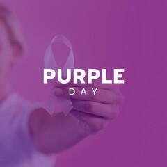 Image of purple day text over caucasian woman holding epilepsy purple ribbon