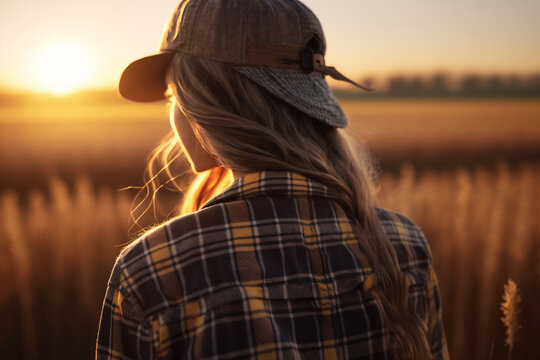 Young woman farmer wearing a plaid shirt on beauty wheat field. Generative AI