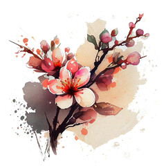 cherry blossom branch, sacura, watercolor for design, pink spring flower