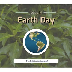 Image of world earth day text over globe and plants