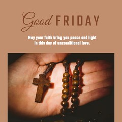 Image of good friday text over hand holding rosary with cross
