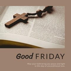 Image of good friday text over rosary with cross and bible