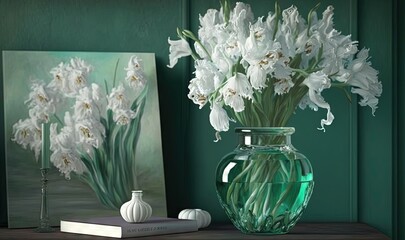  a painting of white flowers in a vase on a table.  generative ai
