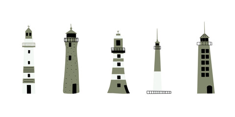 Lighthouse. Coastline architecture building. Beacons with window. Vector illustration