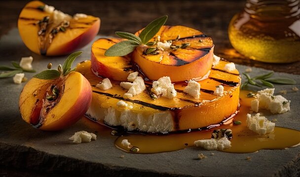  peaches and goat cheese on a cutting board with honey.  generative ai