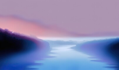  a painting of a river with trees in the distance and a pink sky in the background.  generative ai