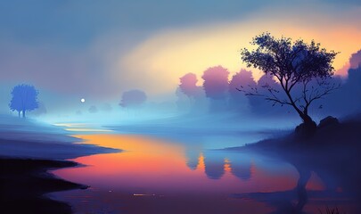 Obraz premium a painting of a river with a tree in the distance. generative ai