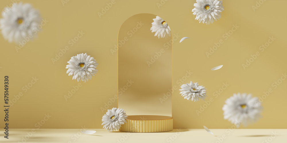 Wall mural 3d background, yellow podium display. white daisy flower falling. cosmetic or beauty product promoti